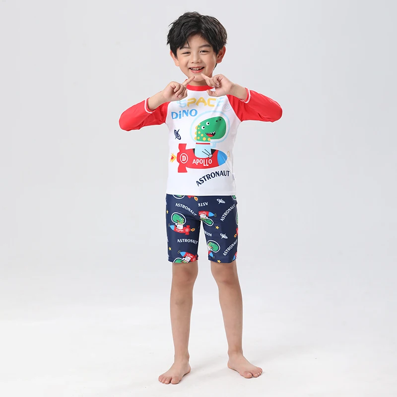 Детский раздельный купальник с длинными рукавами для мальчиков, мультяшный динозавр, комплект из 3 предметов, детские купальники, купальная шапочка, детская футболка для плавания, шорты