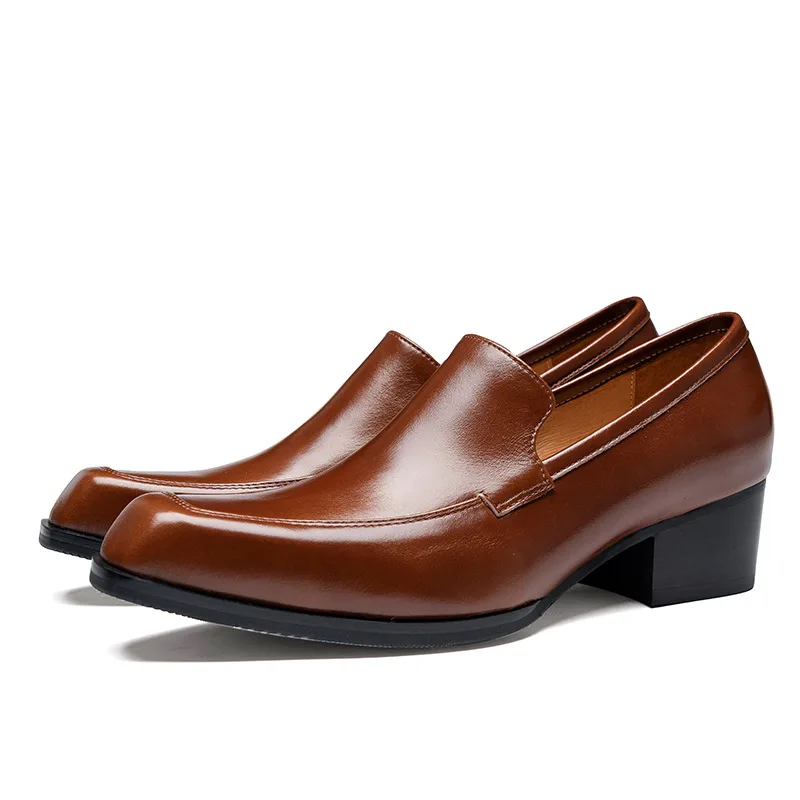 Мужская обувь ручной работы из натуральной кожи, повседневная деловая обувь на низком каблуке 5 см, модные мужские лоферы с квадратным носком, увеличивающие рост.