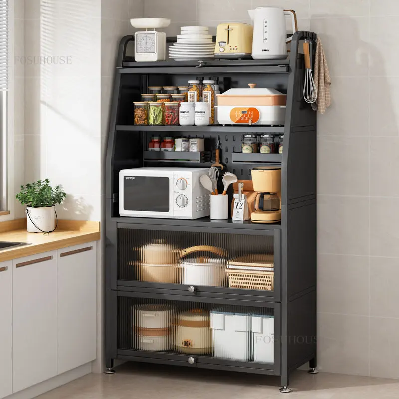 Современные металлические кухонные шкафы, бытовая многофункциональная стойка для хранения, Многослойный напольный шкаф для хранения микроволновой печи с дверцей