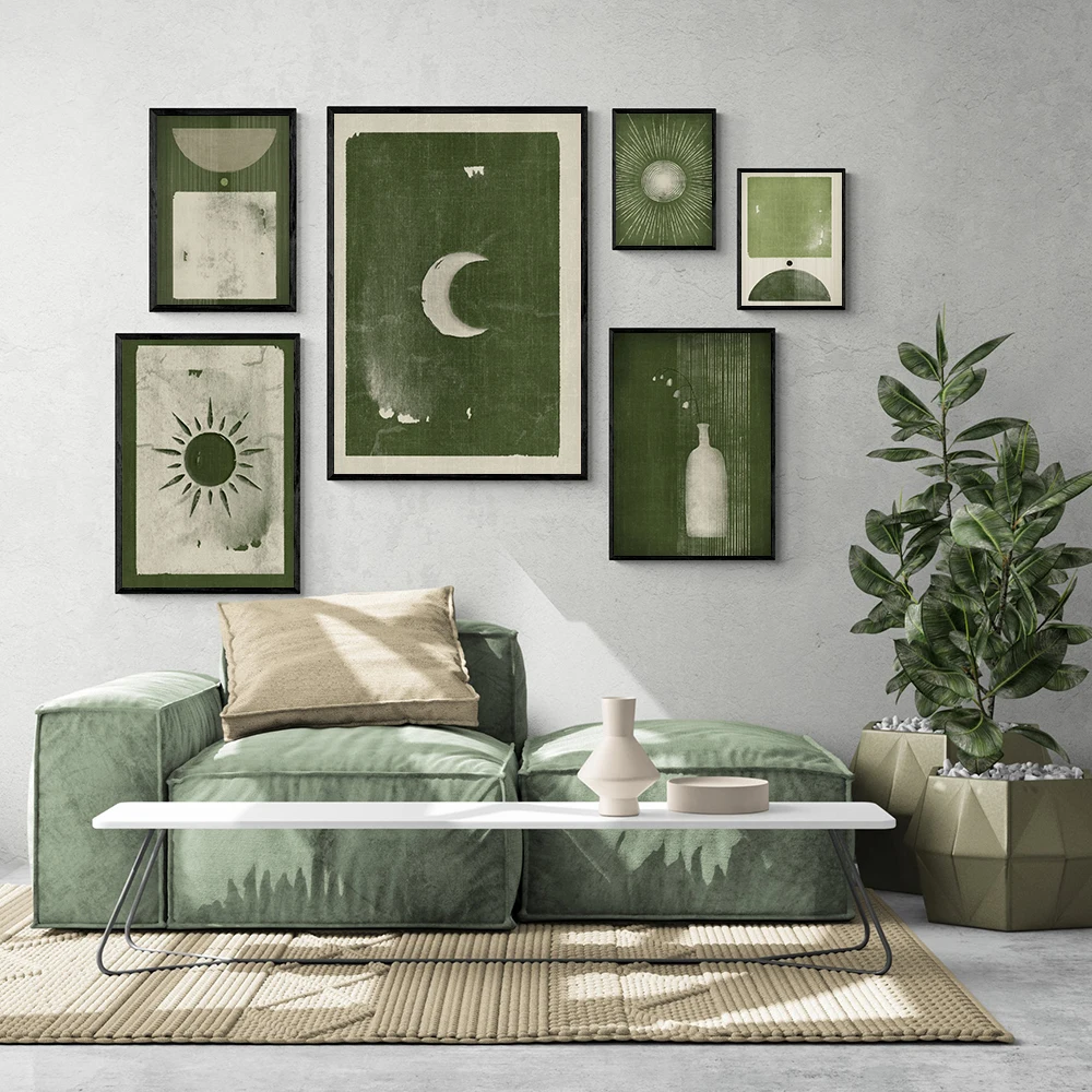 Луна Солнце Зеленая Картина на холсте Современный абстрактный Пейзажный плакат Простая печать Настенная картина современного искусства Декор гостиной