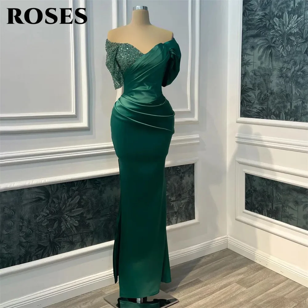 РОЗЫ Темно-зеленые Вечерние платья Русалки, Блестящее Атласное Плиссированное платье для выпускного вечера с открытыми плечами, платья для вечеринок невесты из Саудовской Аравии 2023 г.