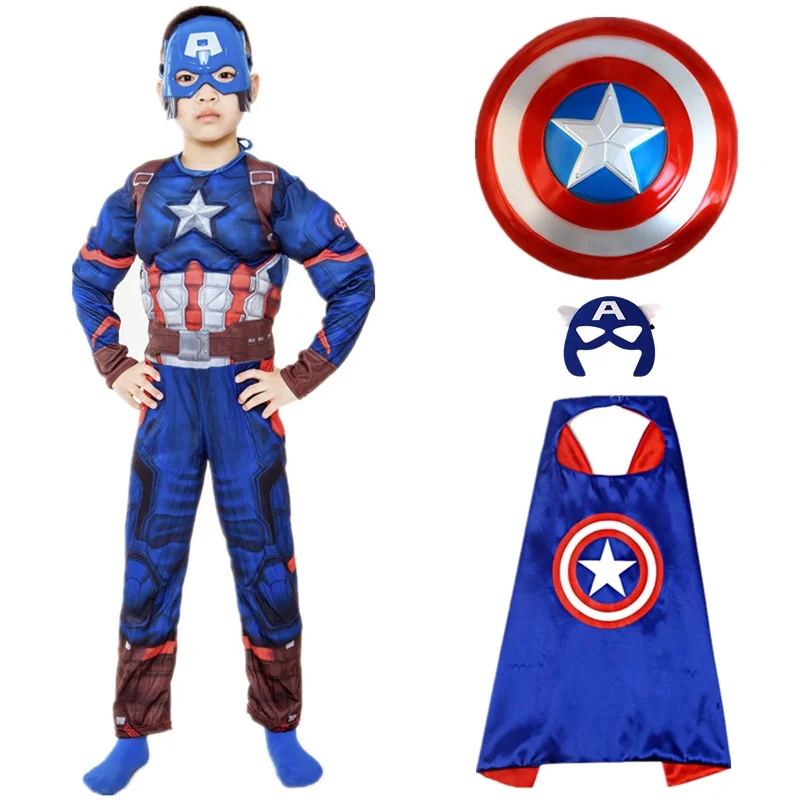 Детский карнавальный костюм Капитана Америки, боди супергероя, щит и перчатки, маскарадный костюм на Хэллоуин для мальчиков и девочек